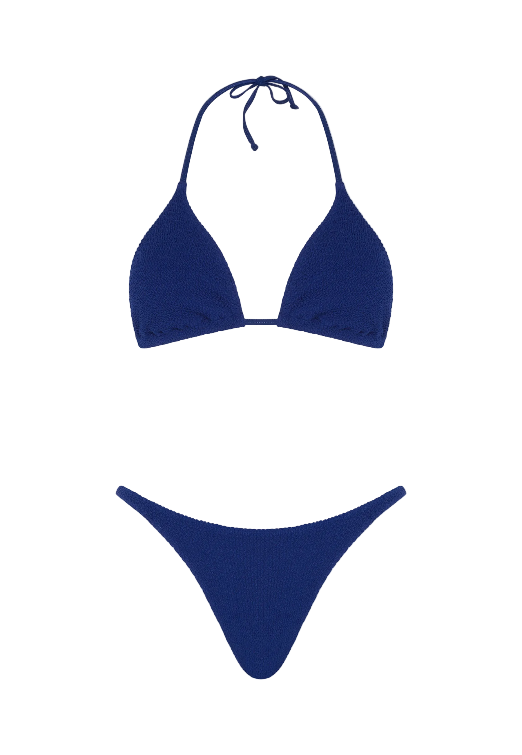 Navy blue bikini set on a white background