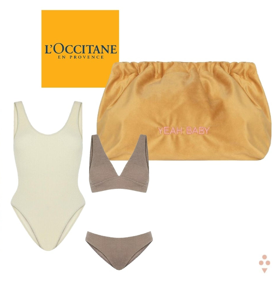 A collaboration gift set featuring a beige one-piece swimsuit, a taupe bikini set, and a mustard yellow L'Occitane Spa towel, displayed alongside a resort pool scene and L'Occitane branding on a white background.