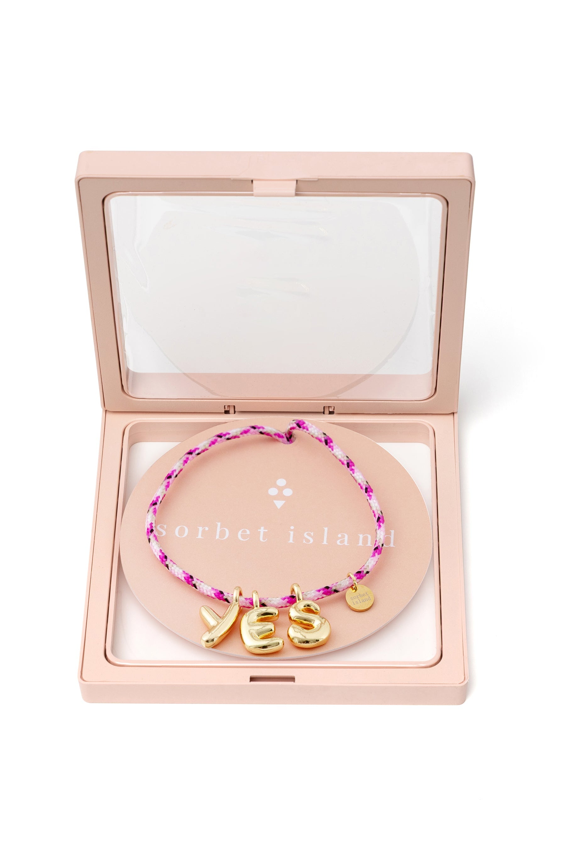 BUBBLE LETTERS GOLD PLATED RIBBON NECKLACE BAG CHARM