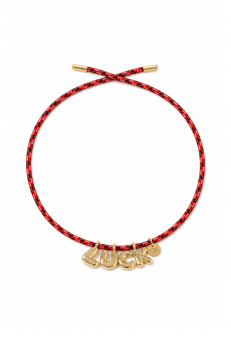 BUBBLE LETTERS GOLD PLATED RIBBON NECKLACE BAG CHARM