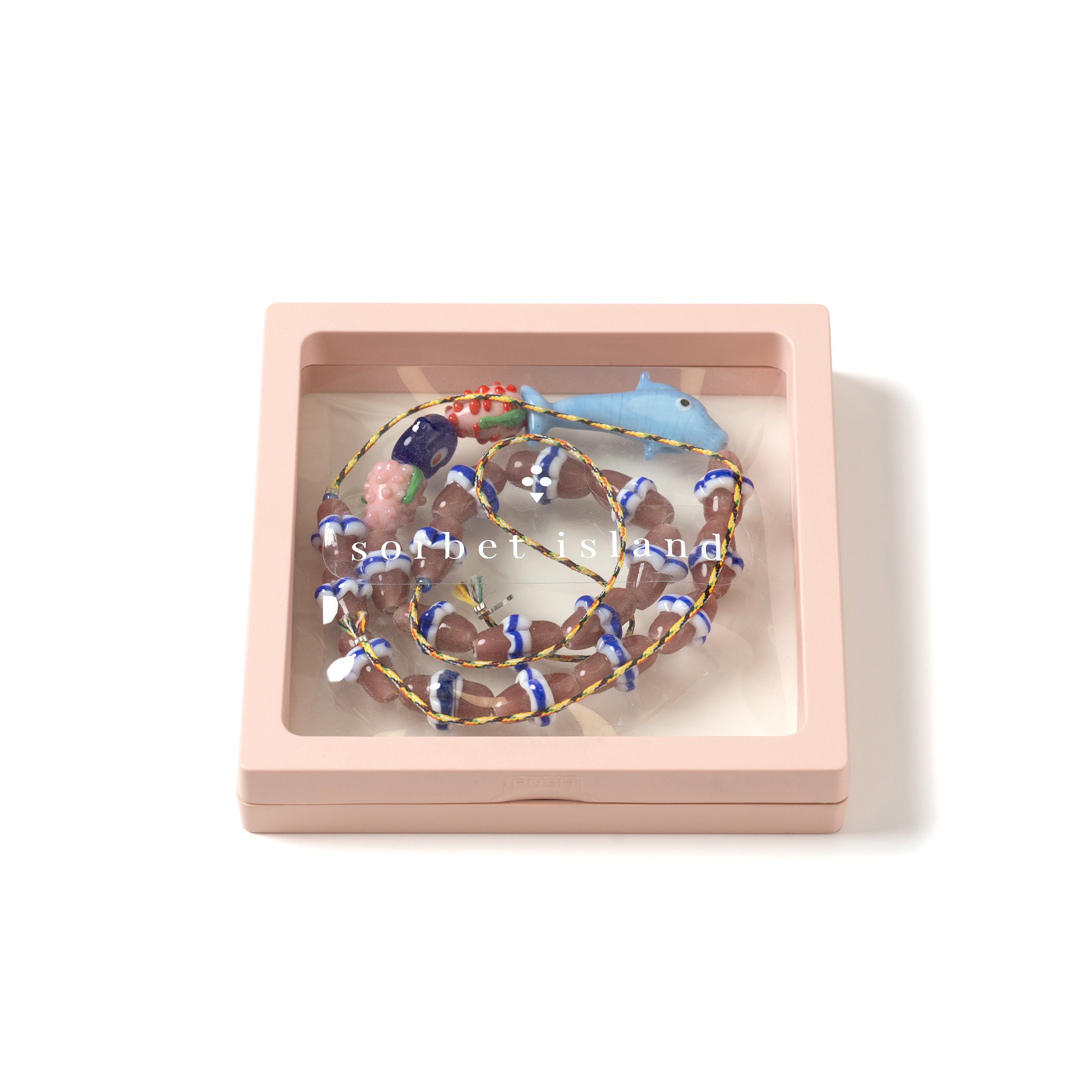 MGBN0001 glass bead necklace bag charm pink packaging