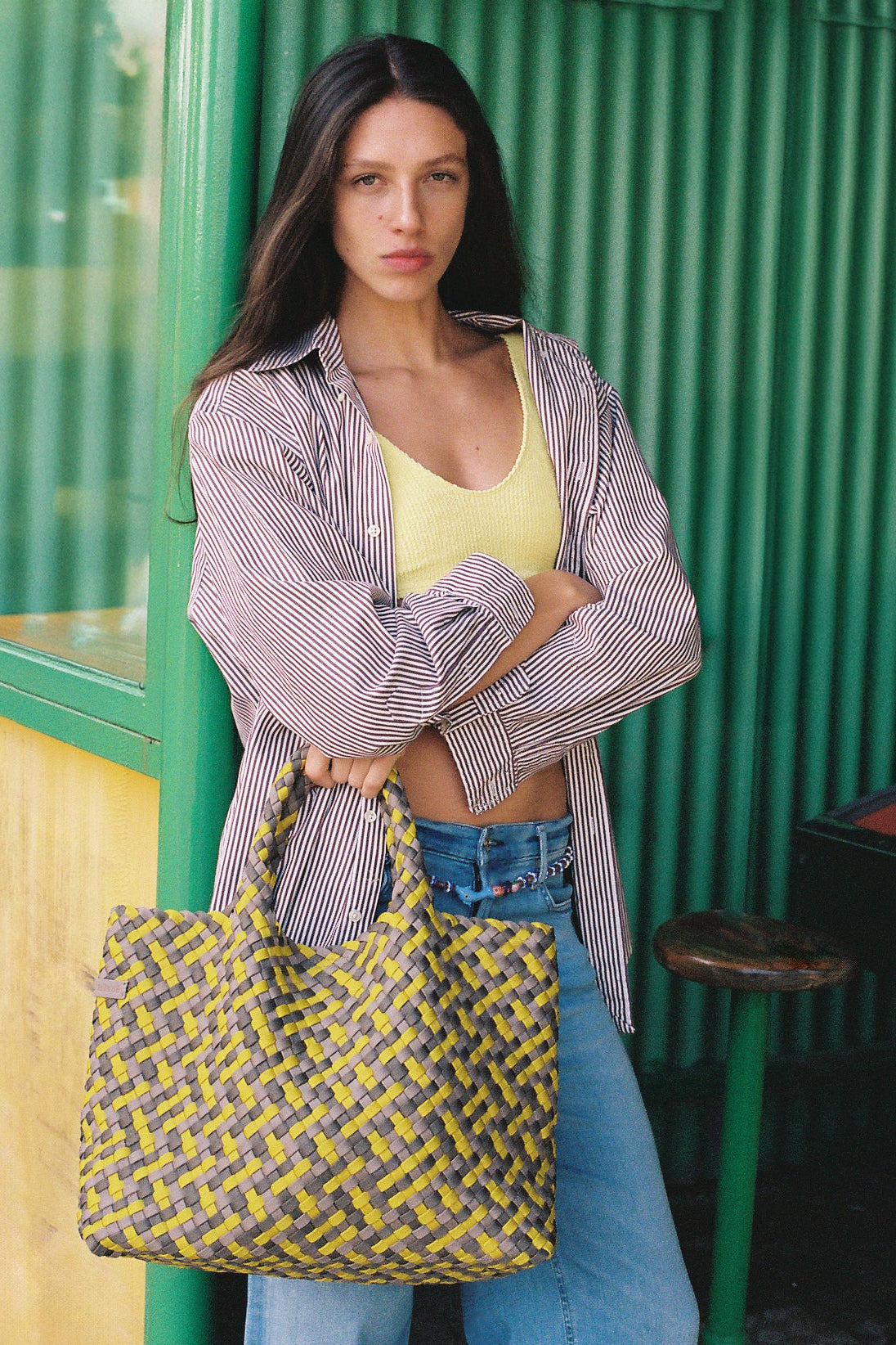 HANDWOVEN NEOPRENE MEDIUM TOTE BAG MULTICOLOUR LIME