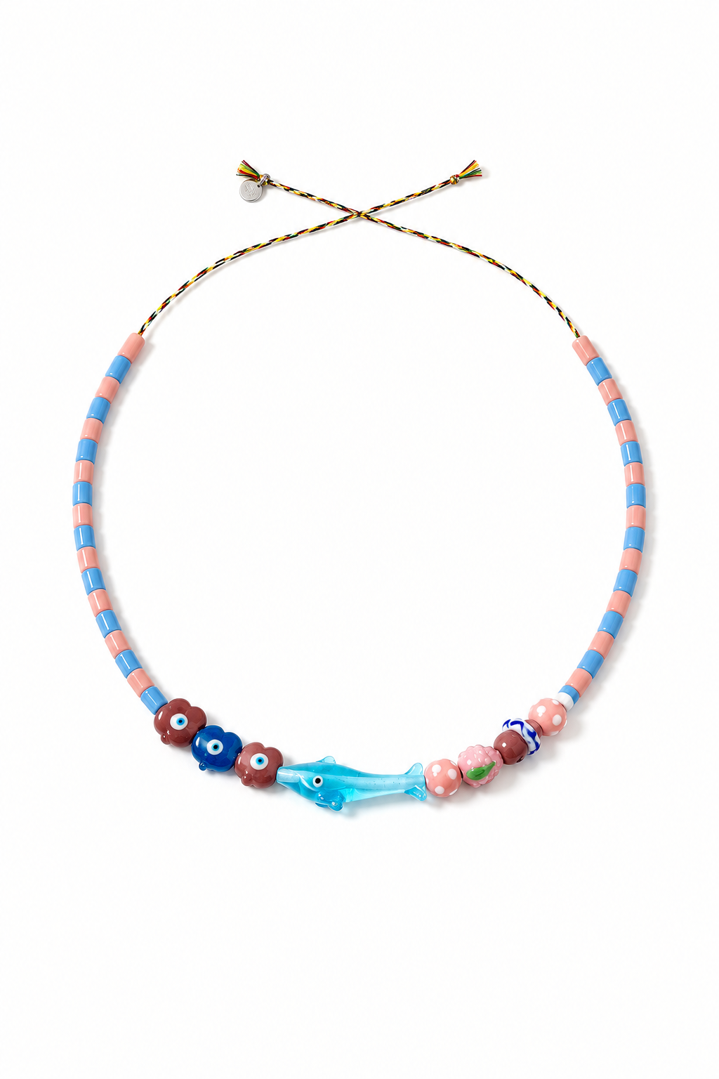 SMALL DOLPHIN + STRAWBERRY PINK - BLUE TUBE BEAD NECK