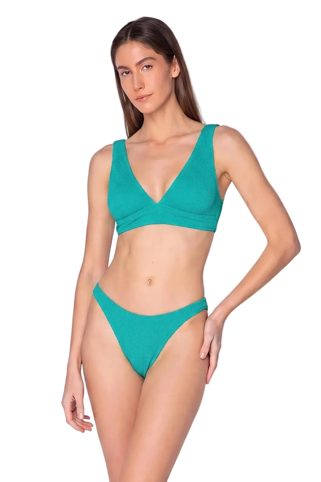 A woman modeling a two-piece bikini set in a solid teal green color, featuring a wrap-style triangle top and high-cut bottoms, against a plain white background.