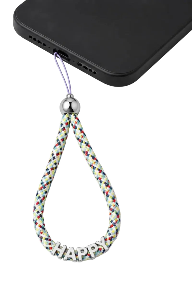 SILVER LETTER PHONE STRAP HAPPY