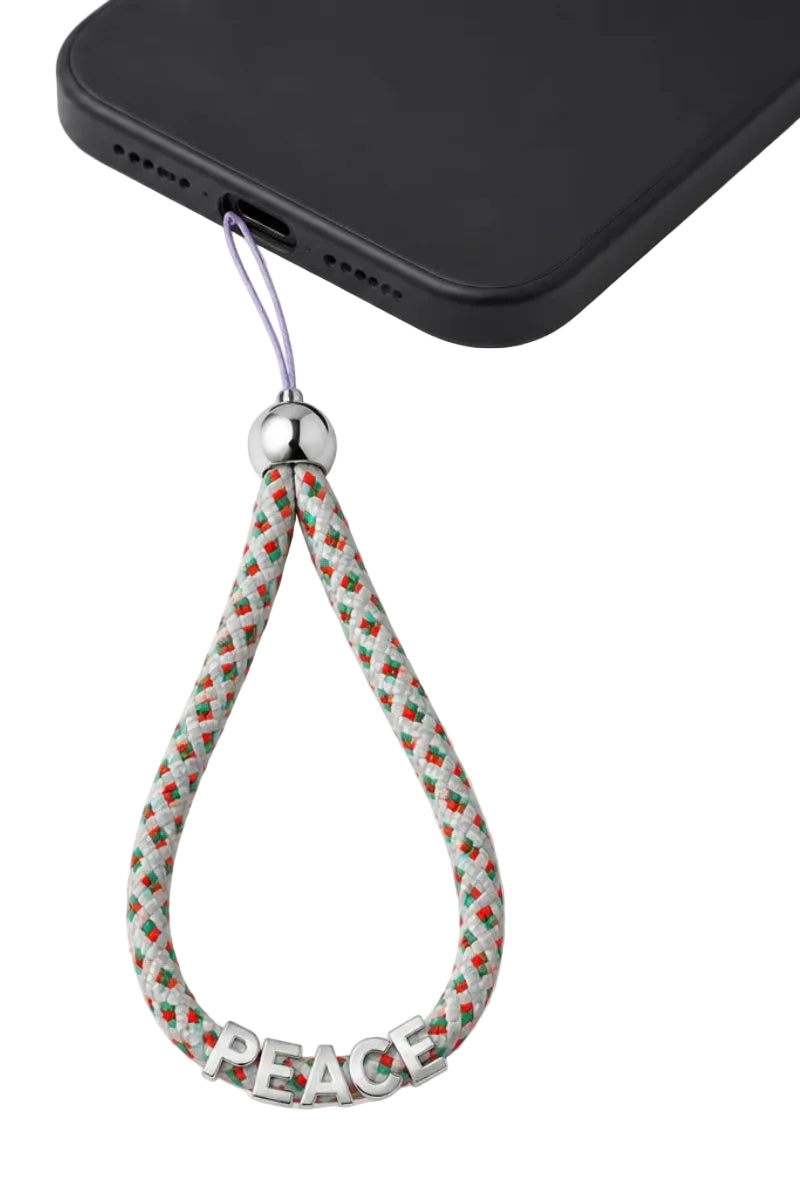 SILVER LETTER PHONE STRAP PEACE