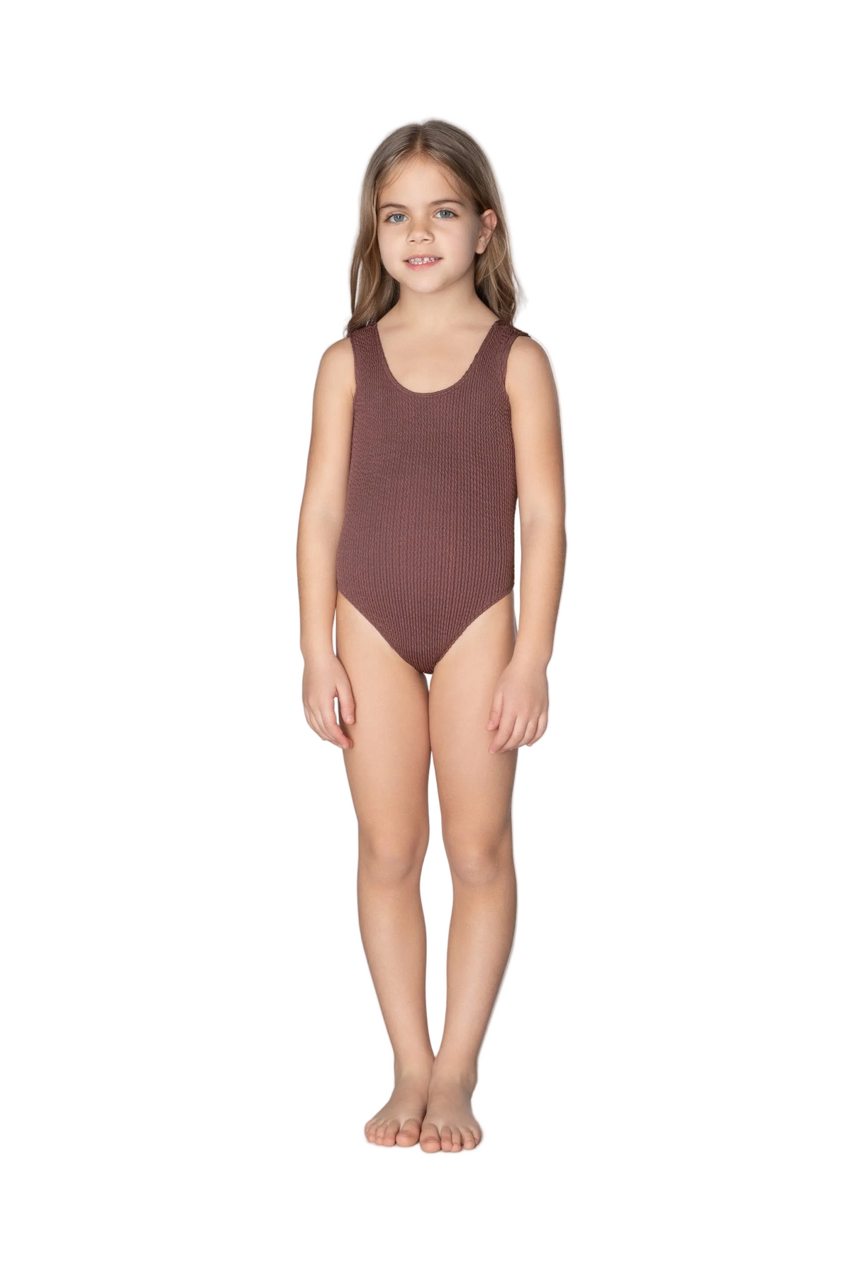 Young girl wearing a brown ribbed swimsuit on a white background