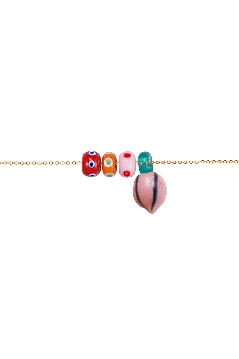FRUIT GLASS BEAD GOLD PLATED NECKLACE PINK MELON