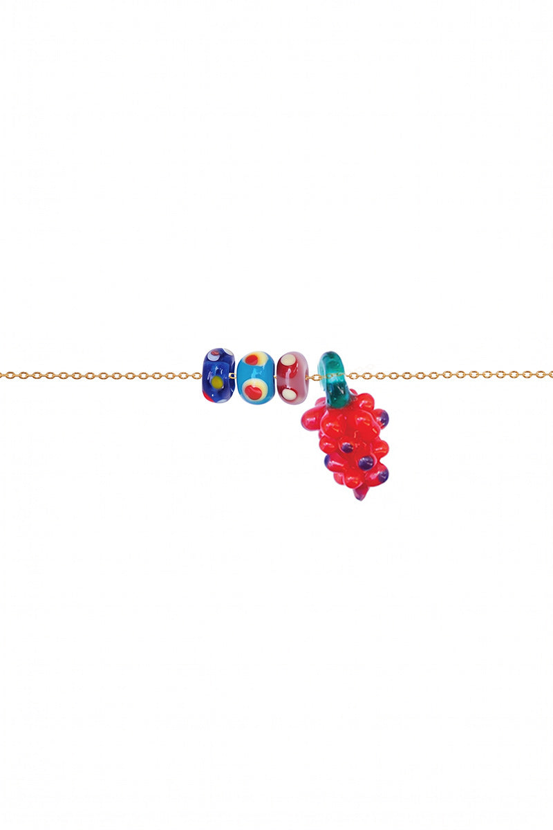 FRUIT GLASS BEAD GOLD PLATED NECKLACE RASPBERRY