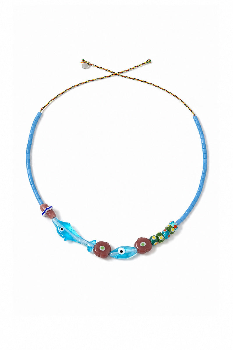 SMALL DOLPHIN + EYE   BLUE TUBE BEAD NECKLACE   BAG CHA